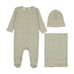 MEMA KNITS 3PC LEAF PRINT FOOTIE, BEANIE WITH BLANKET SET