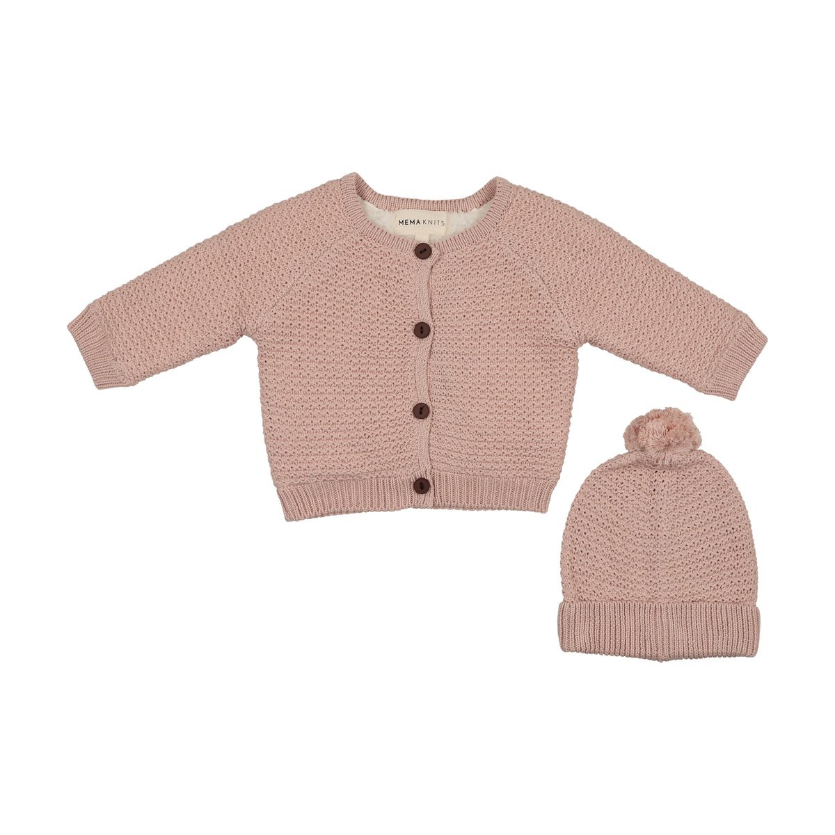 MEMA KNITS 2PC KNIT SHERPA LINED JACKET+POMPOM BEANIE