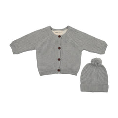 MEMA KNITS 2PC KNIT SHERPA LINED JACKET+POMPOM BEANIE