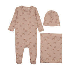 MEMA KNITS 3PC BOW PRINT FOOTIE, BEANIE WITH BLANKET SET