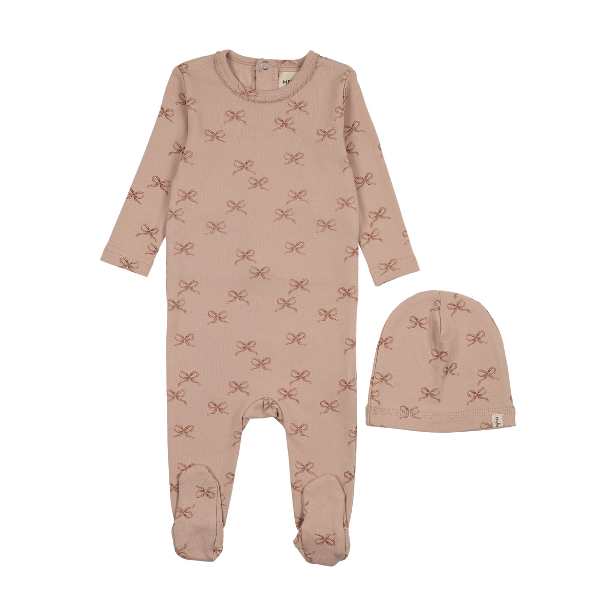 MEMA KNITS 2PC BOW PRINT FOOTIE WITH BEANIE SET