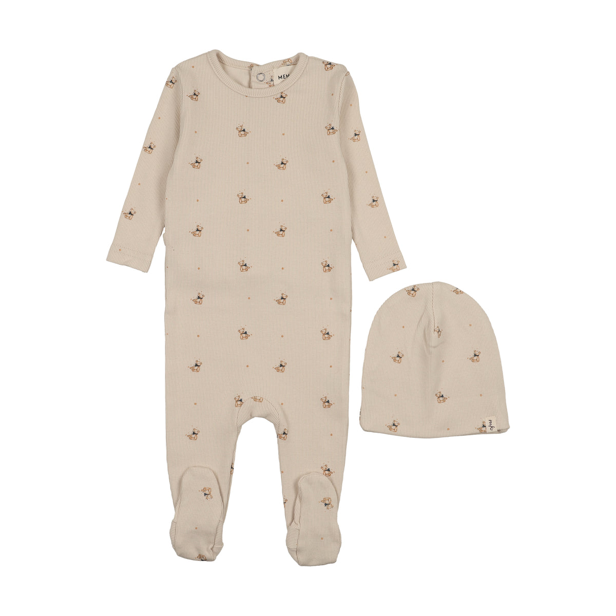 MEMA KNITS 2PC TEDDY BEAR PRINT FOOTIE WITH BEANIE SET
