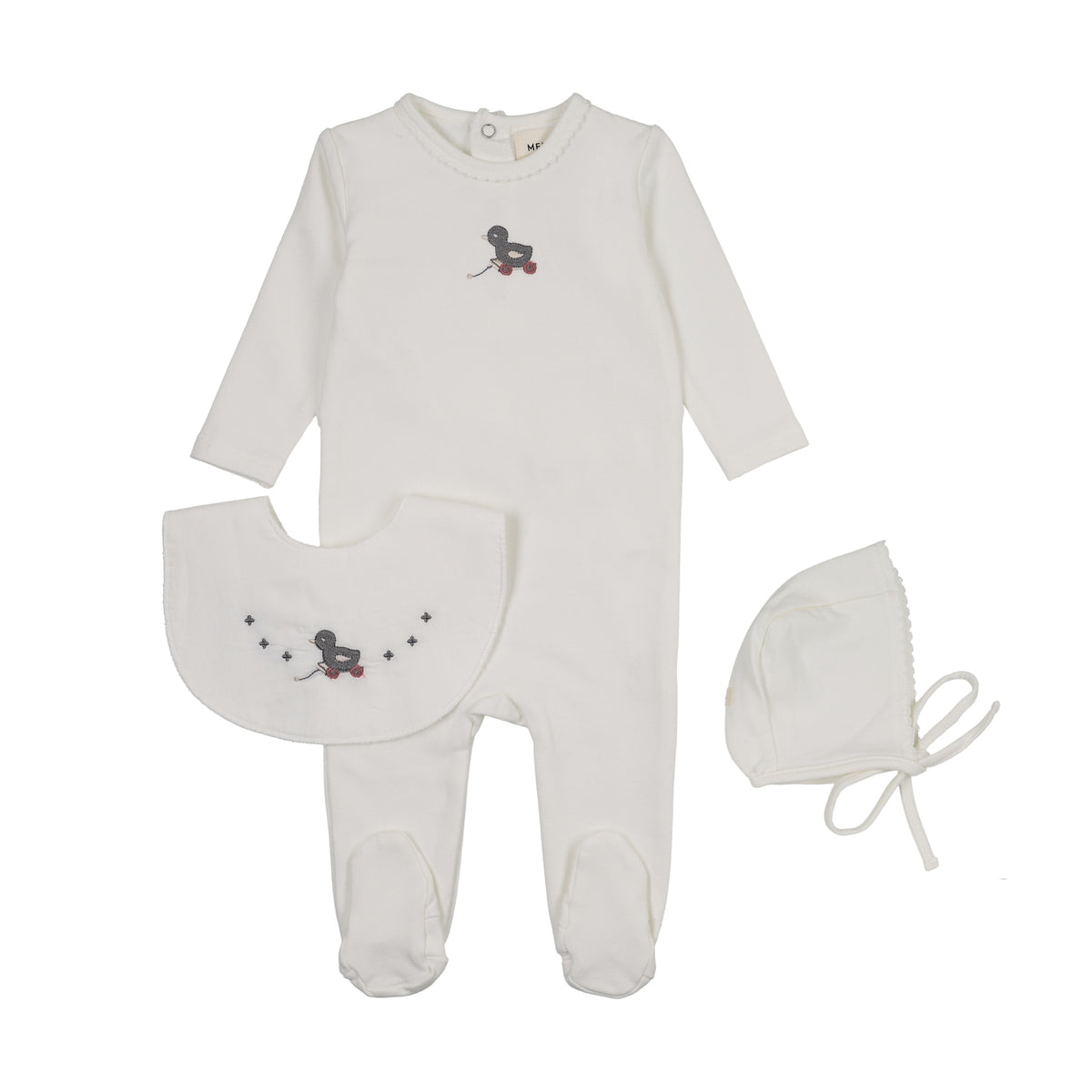 MEMA KNITS 3PC EMBROIDERED DUCK FOOTIE, BONNET WITH BIB SET