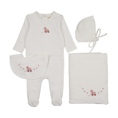 MEMA KNITS 4PC EMBROIDERED DUCK FOOTIE,BONNET, BIB WITH BLANKET SET