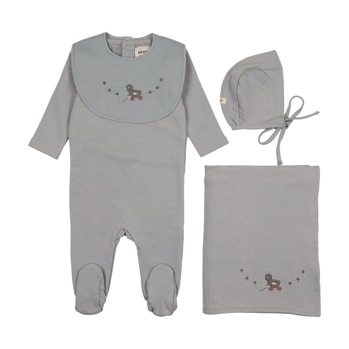 MEMA KNITS 3PC EMBROIDERED DUCK FOOTIE, BONNET WITH BIB SET
