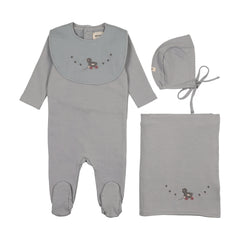 MEMA KNITS 3PC EMBROIDERED DUCK FOOTIE, BONNET WITH BIB SET