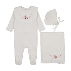 MEMA KNITS 3PC EMBROIDERED DUCK FOOTIE, BONNET WITH BIB SET