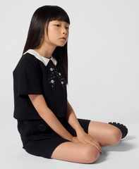 MARC JACOBS SHORT SLEEVE EMB. COLLAR AND RHINESTONE BOW POCKET DRESSY DRESS