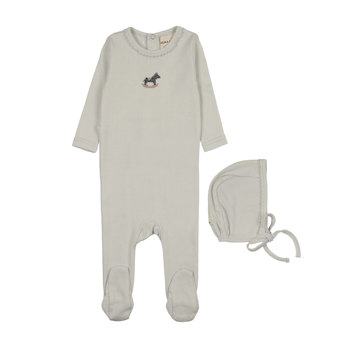 MEMA KNITS 2PC POINTELLE EMBROIDERED HORSE ROCKER FOOTIE AND BONNET
