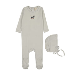 MEMA KNITS 2PC POINTELLE EMBROIDERED HORSE ROCKER FOOTIE AND BONNET