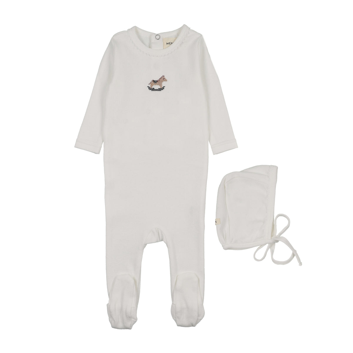 MEMA KNITS POINTELLE EMBROIDERED HORSE ROCKER FOOTIE AND BONNET