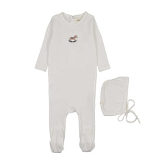 MEMA KNITS POINTELLE EMBROIDERED HORSE ROCKER FOOTIE AND BONNET