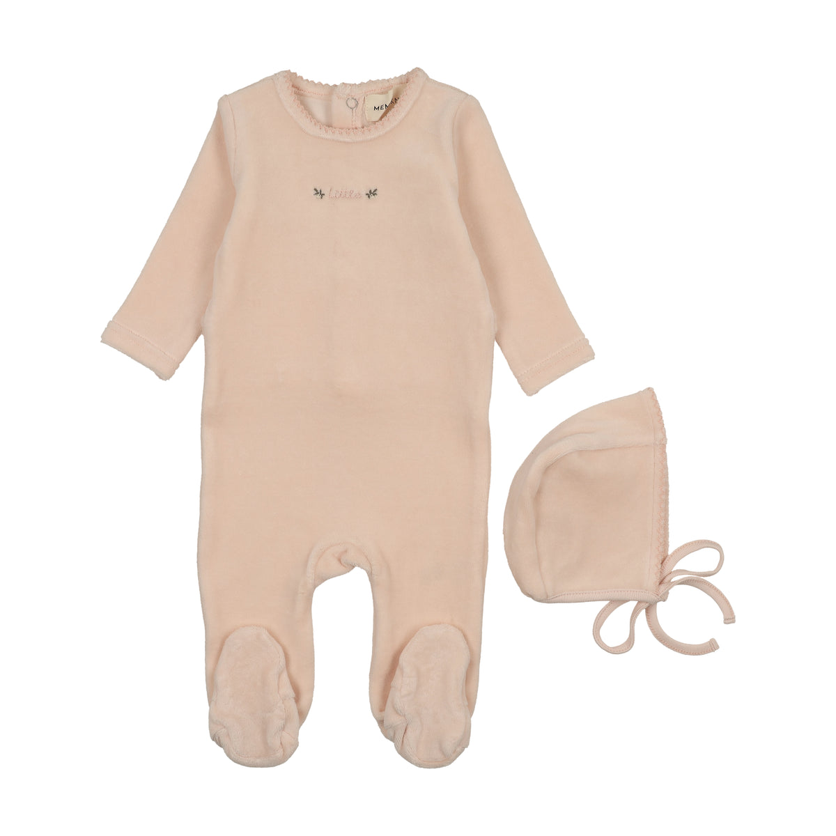 MEMA KNITS 2PC VELOUR FOOTIE WITH EMBROIDERY BONNET