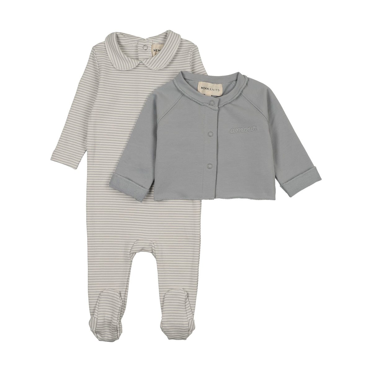 MEMA KNITS 2PC STRIPE COLLARED FOOTIE WITH CARDIGAN