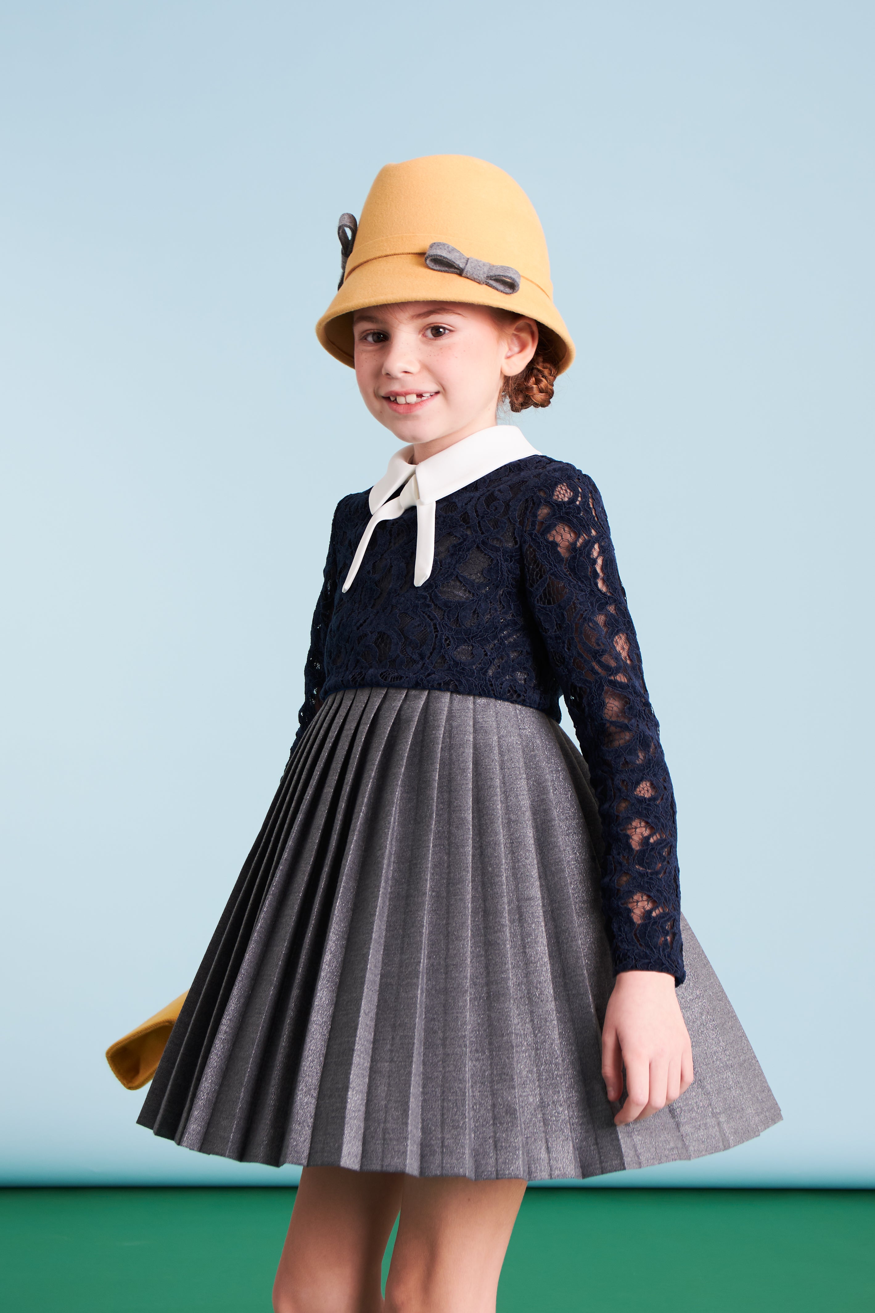 MIMISOL 2PC RUFFLE COLLAR PLEATED SHIRT WITH PLEATED SKIRT