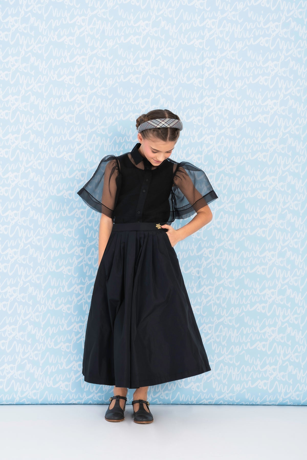 MIMISOL 2PC VOLANT SLEEVE ORGANZA BLOUSE WITH TAFFETA MAXI SKIRT