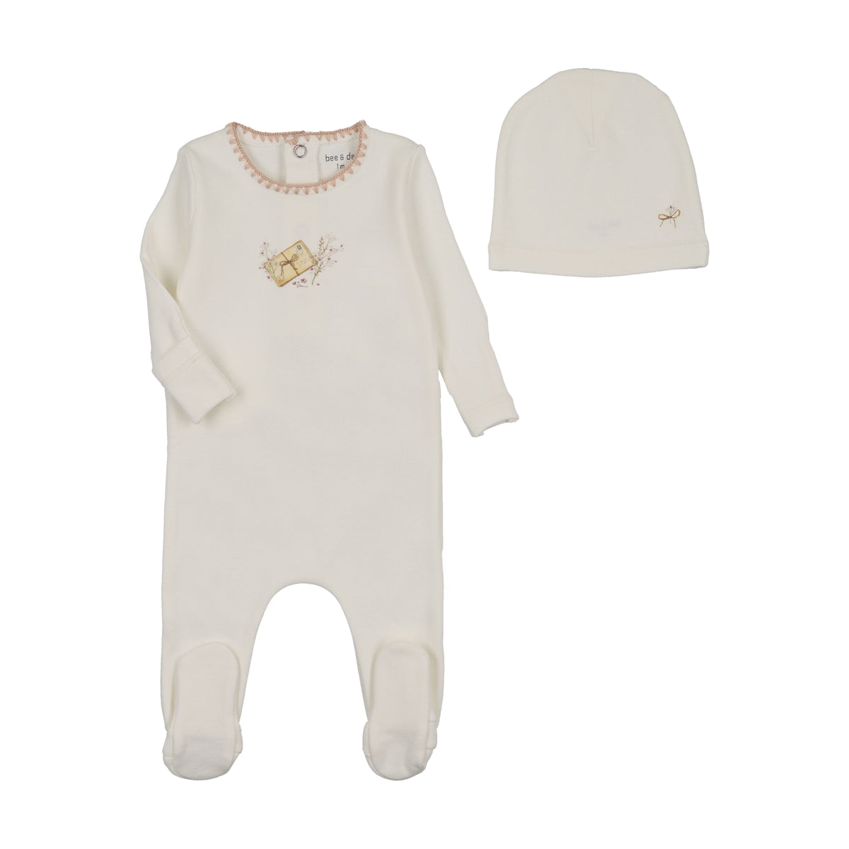BEE & DEE 2PC MAIL & FLOWERS FOOTIE WITH BEANIE SET