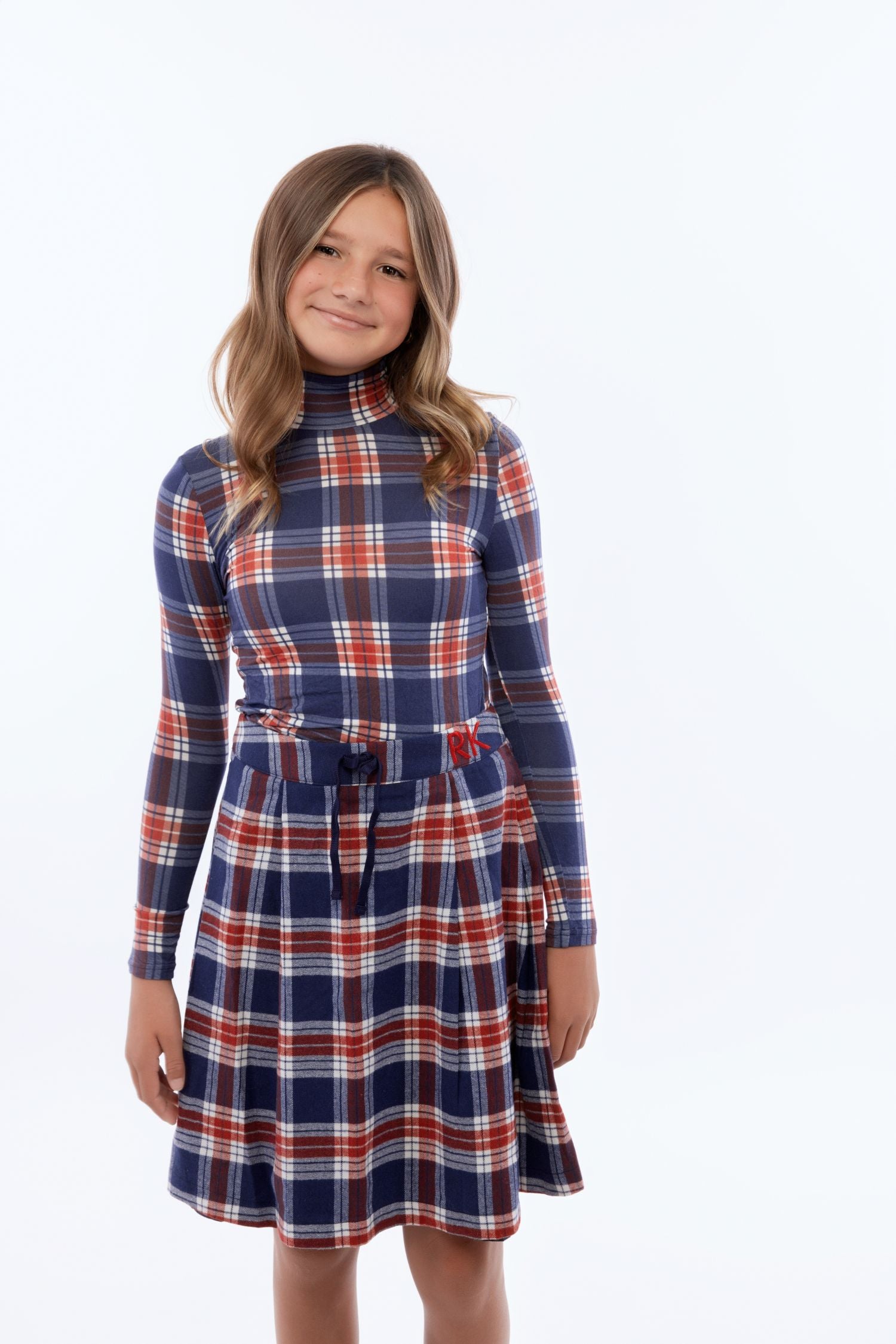 RETRO KID 2PC MARGO BAMBOO PRINTED PLAID TURTLENECK WITH PLEATED SKIRT