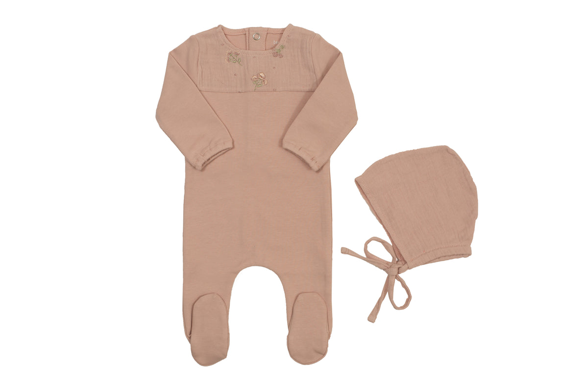 BEE & DEE 2PC MUSLIN APPLIQUE FOOTIE + BONNET SET
