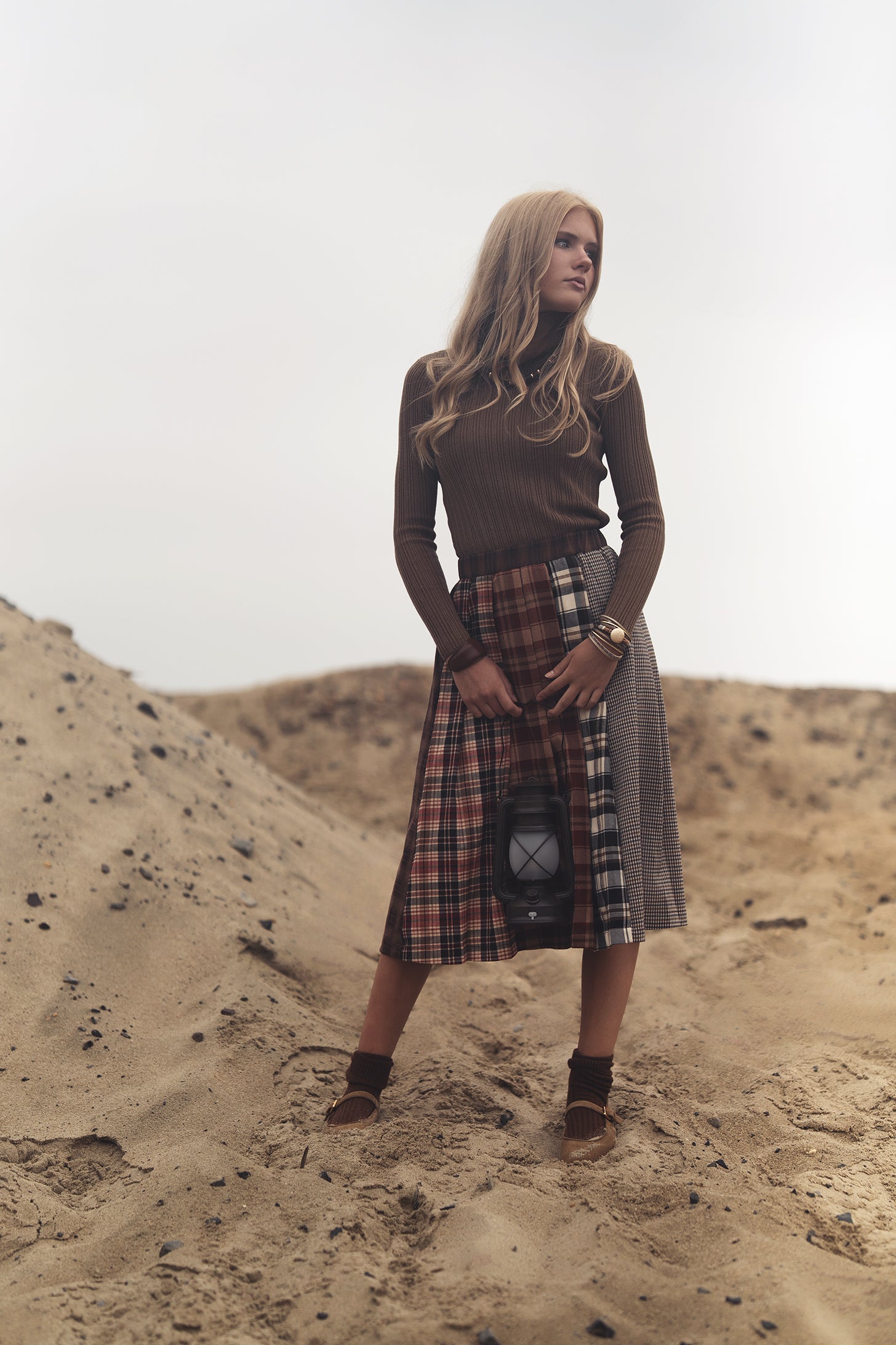 GEM 2PC RIBBED MOCKNECK WITH PLAID PANEL PLEATED SKIRT