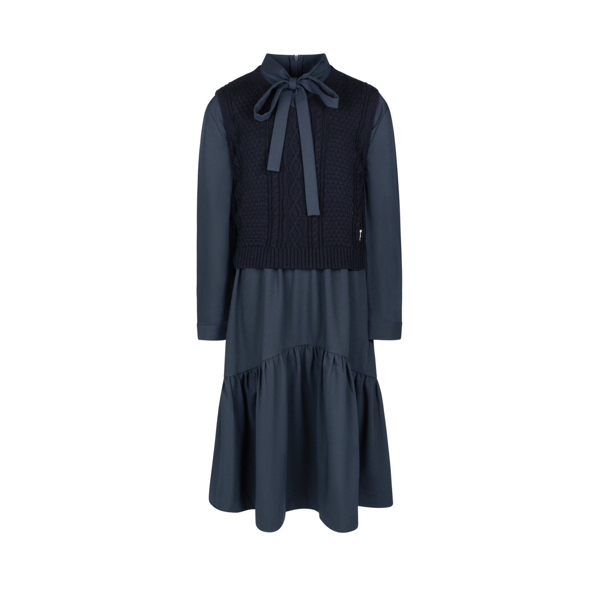POET 2PC EMILY KNIT VEST OVER LONG SLEEVE DRESS WITH NECK TIE