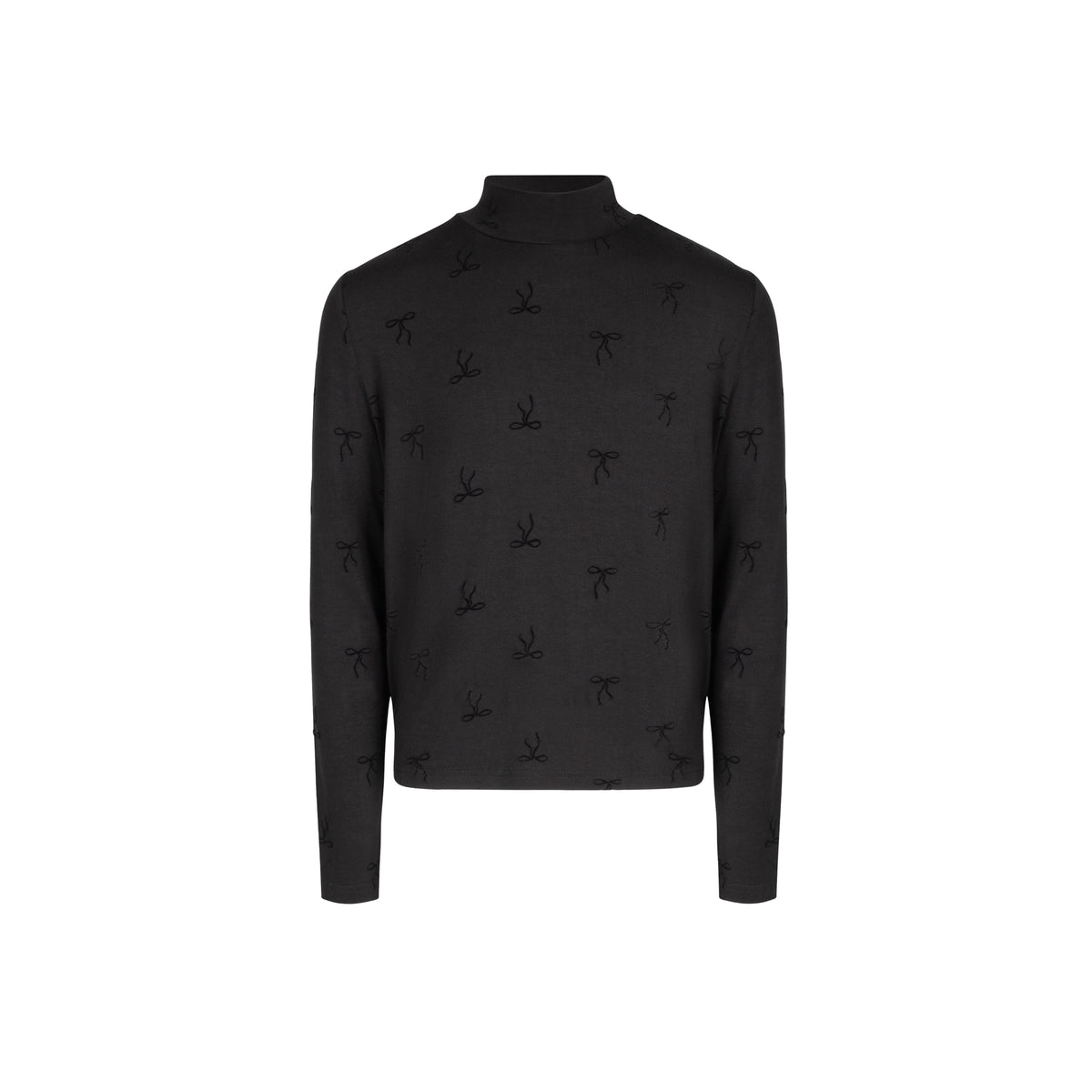 POET ARIA LONG SLEEVE MOCKNECK BLACK ON BLACK BOW PRINT SHIRT