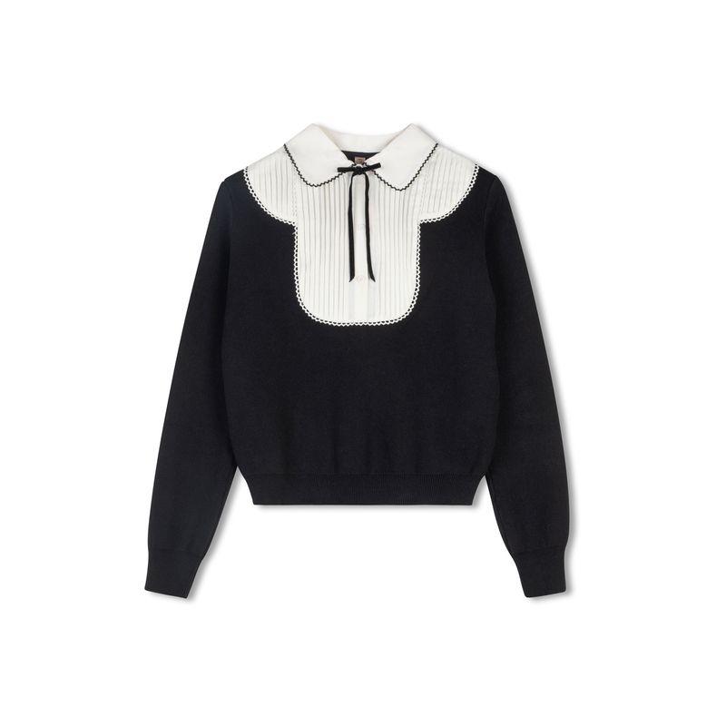 POET BIB DETAIL COLLARED COLORBLOCK KNIT TOP