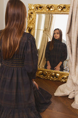 PERNILLE HIGH RUFFLED NECKLINE SMOCKED WAIS PLAID DRESS