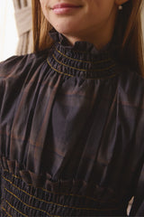 PERNILLE HIGH RUFFLED NECKLINE SMOCKED WAIS PLAID DRESS