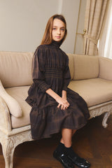 PERNILLE HIGH RUFFLED NECKLINE SMOCKED WAIS PLAID DRESS