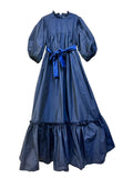 ALITSA PLEATED TOP RUFFLED  TAFFETA GOWN WITH VELVET SASH