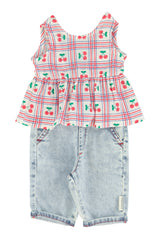 PIUPIUCHICK ALLOVER CGERRIES PRINT SLEEVELESS RUFFLE TOP