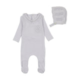 BEE & DEE 3PC POINTELLE KNIT COLLAR FOOTIE, BONNET & BLANKET SET