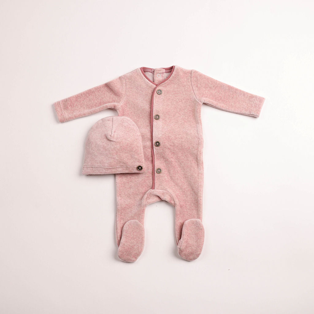 BEE & DEE 2PC PRIM TRIM VELOUR FOOTIE WITH BEANIE SET