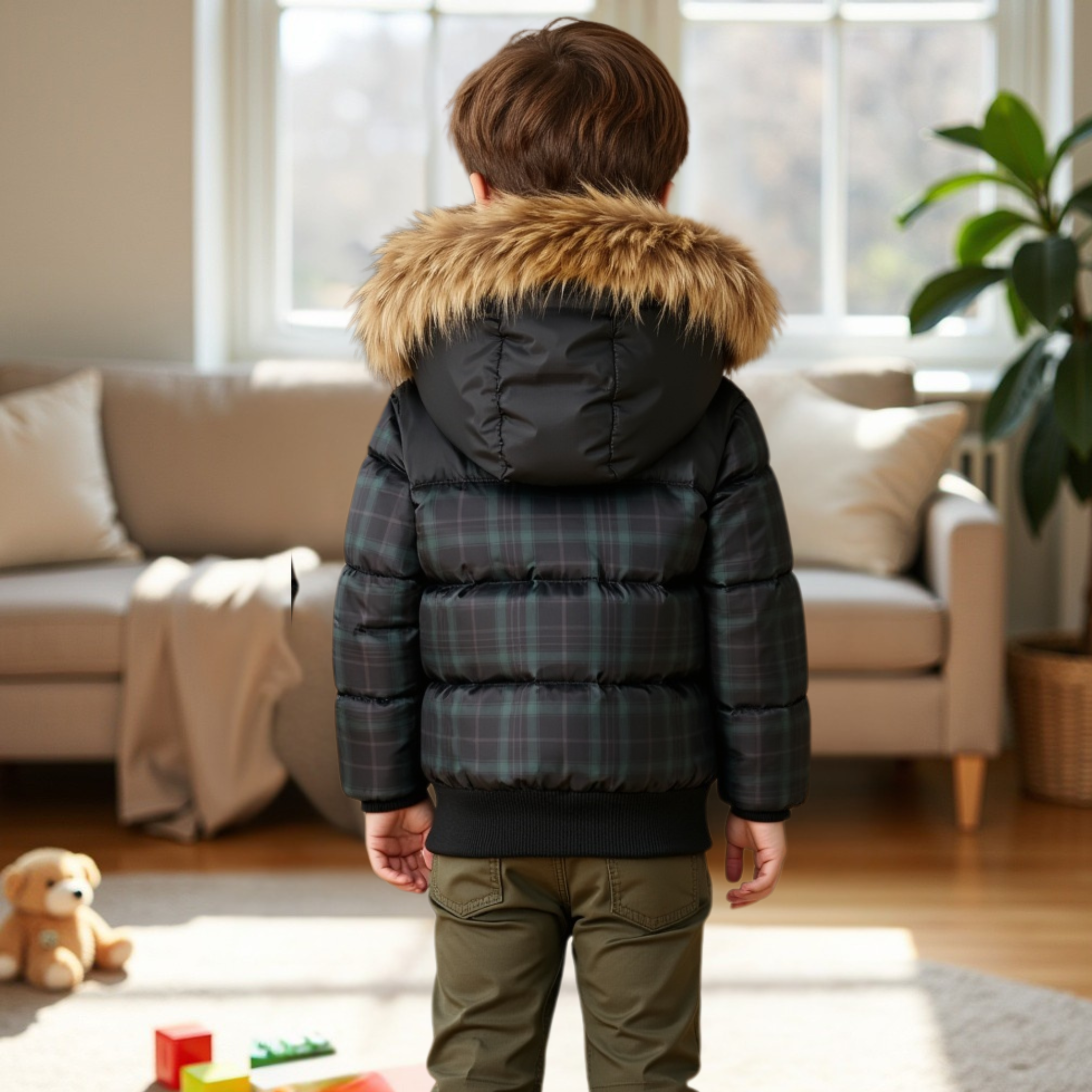 SCOTCH BONNET NATURAL FUR HOOD PLAID ELASTIC COAT