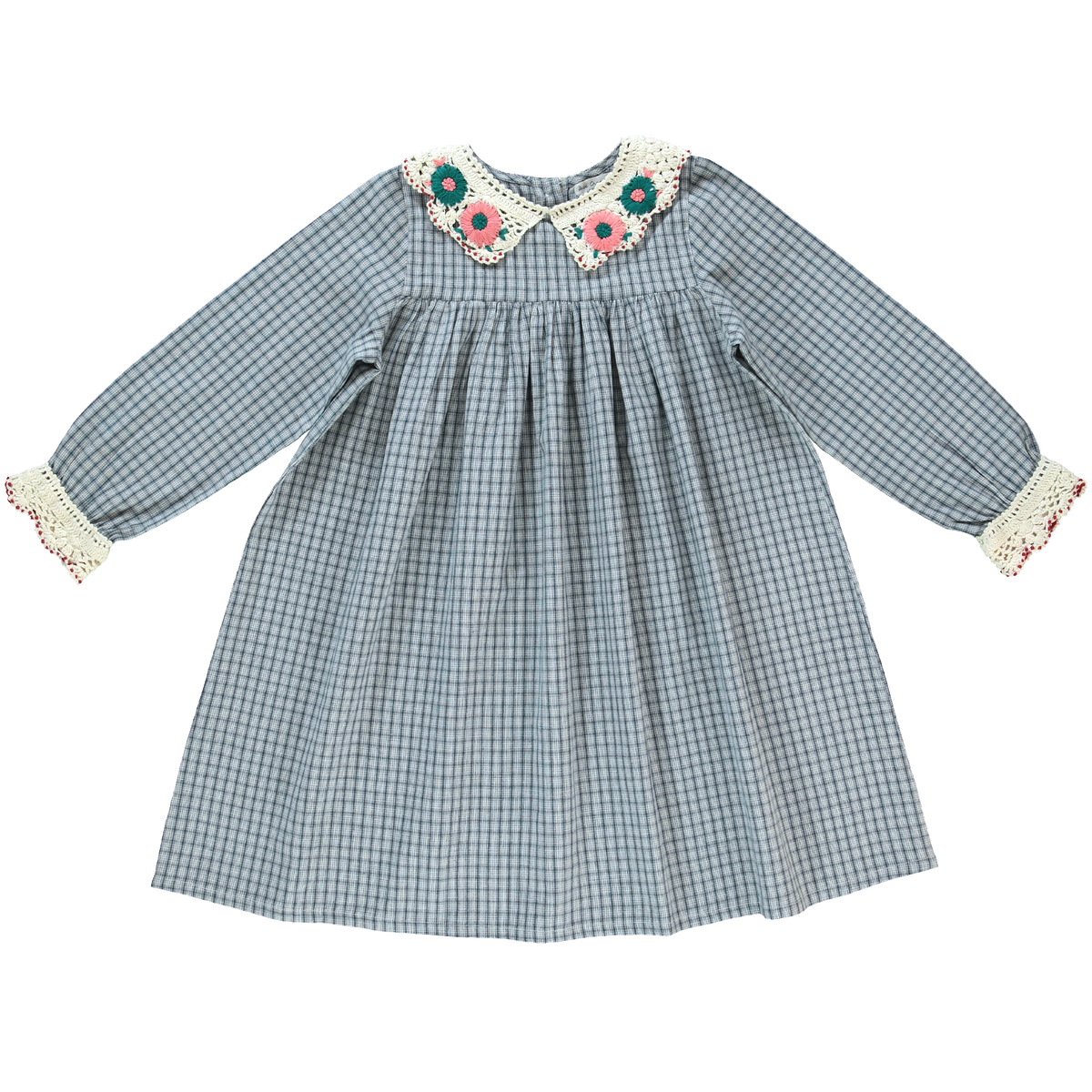 BEBE ORGANIC RHEA EMBROIDERED FLOWERS CHECKED DRESS