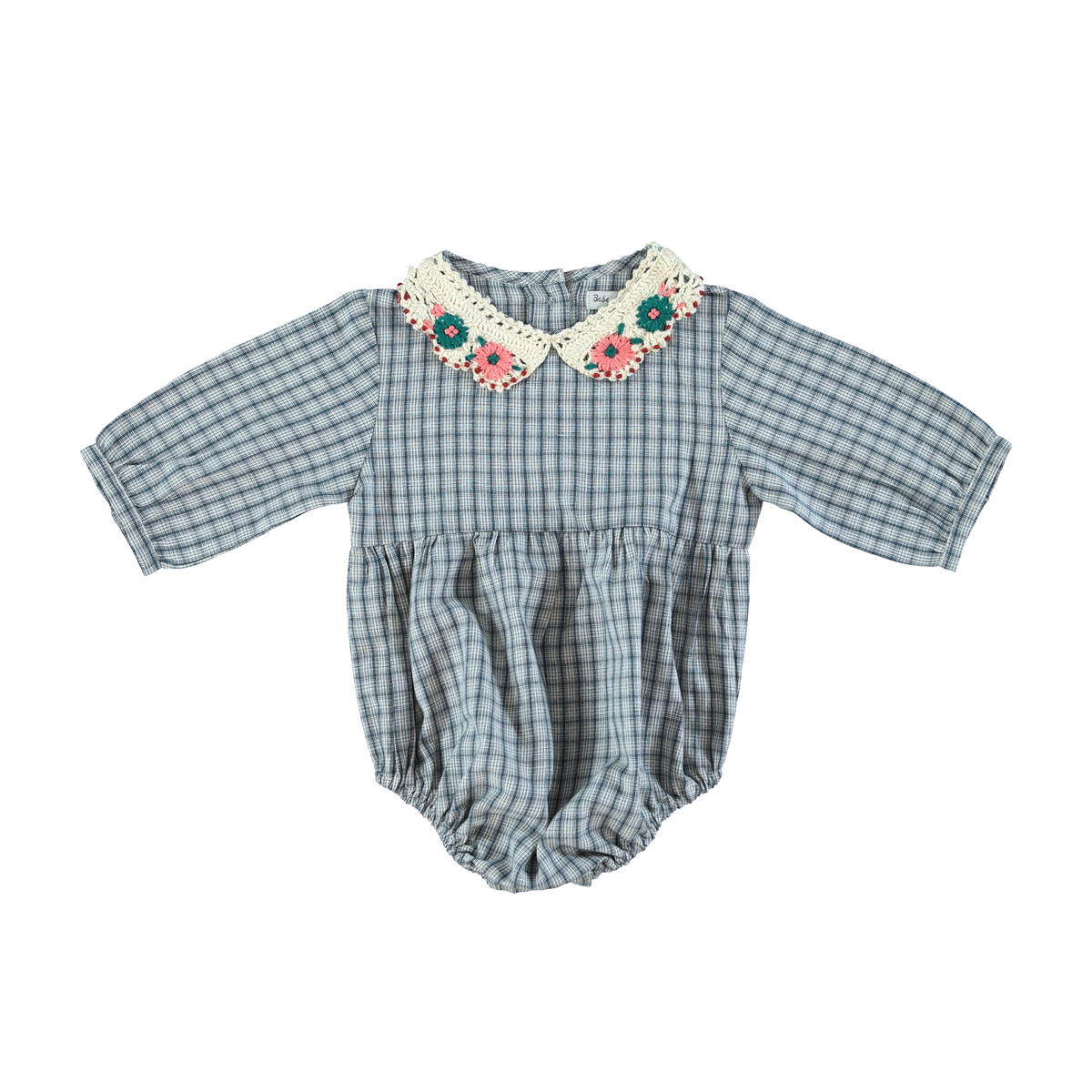 BEBE ORGANIC RHEA EMBROIDERED FLOWERS ON COLLAR CHECKED ROMPER
