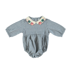 BEBE ORGANIC RHEA EMBROIDERED FLOWERS ON COLLAR CHECKED ROMPER