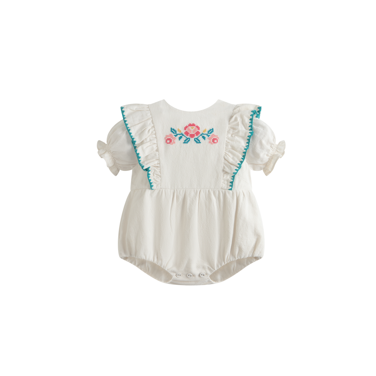 CERA UNA VOLTA EMBROIDERED FLOWER DETAIL RUFFLED BODICE ROMPER