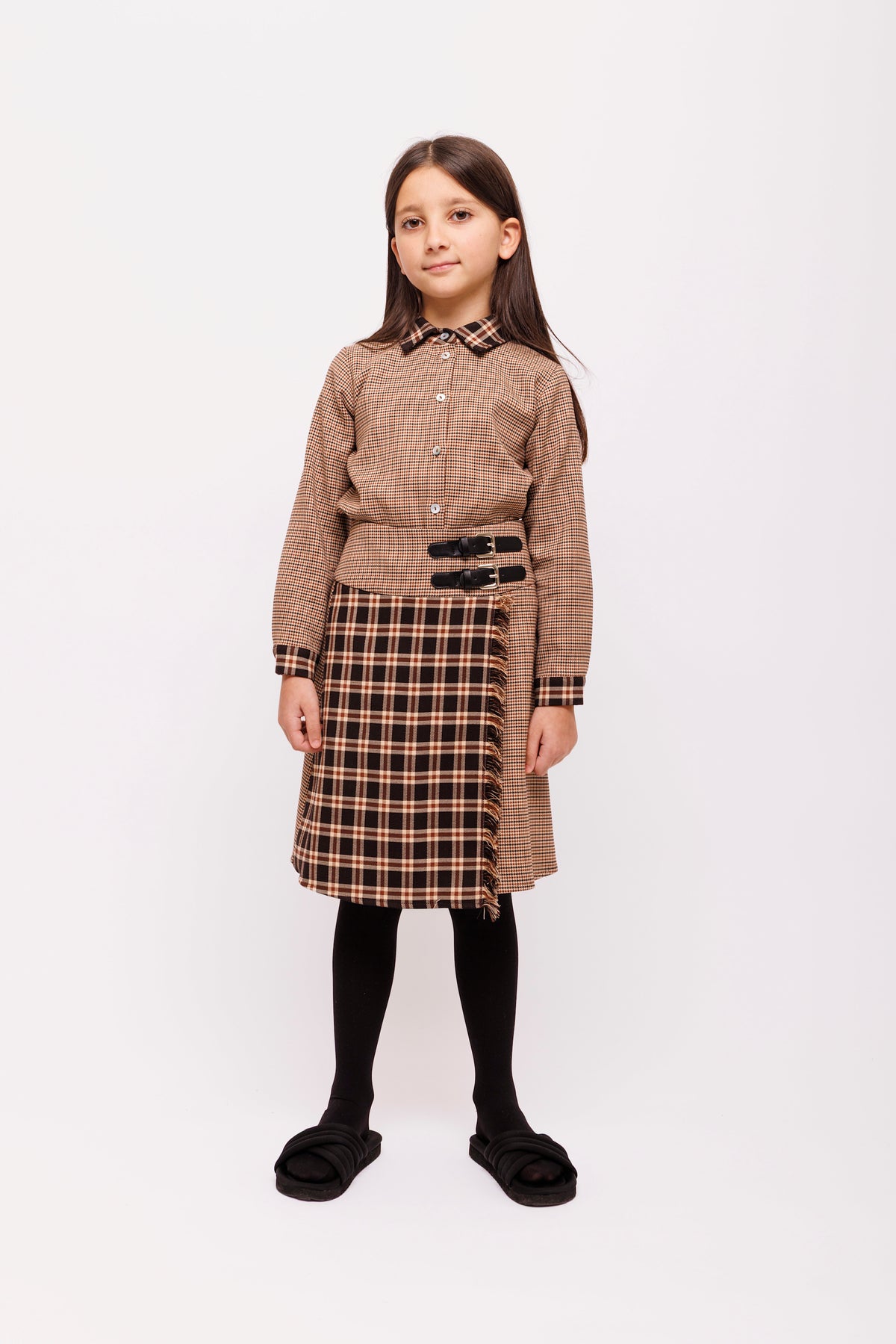 OLIVIA ROHDE WRAP PLAID ON PLAID FRINGE 2 BUCKLE SKIRT