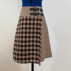 OLIVIA ROHDE WRAP PLAID ON PLAID FRINGE 2 BUCKLE SKIRT