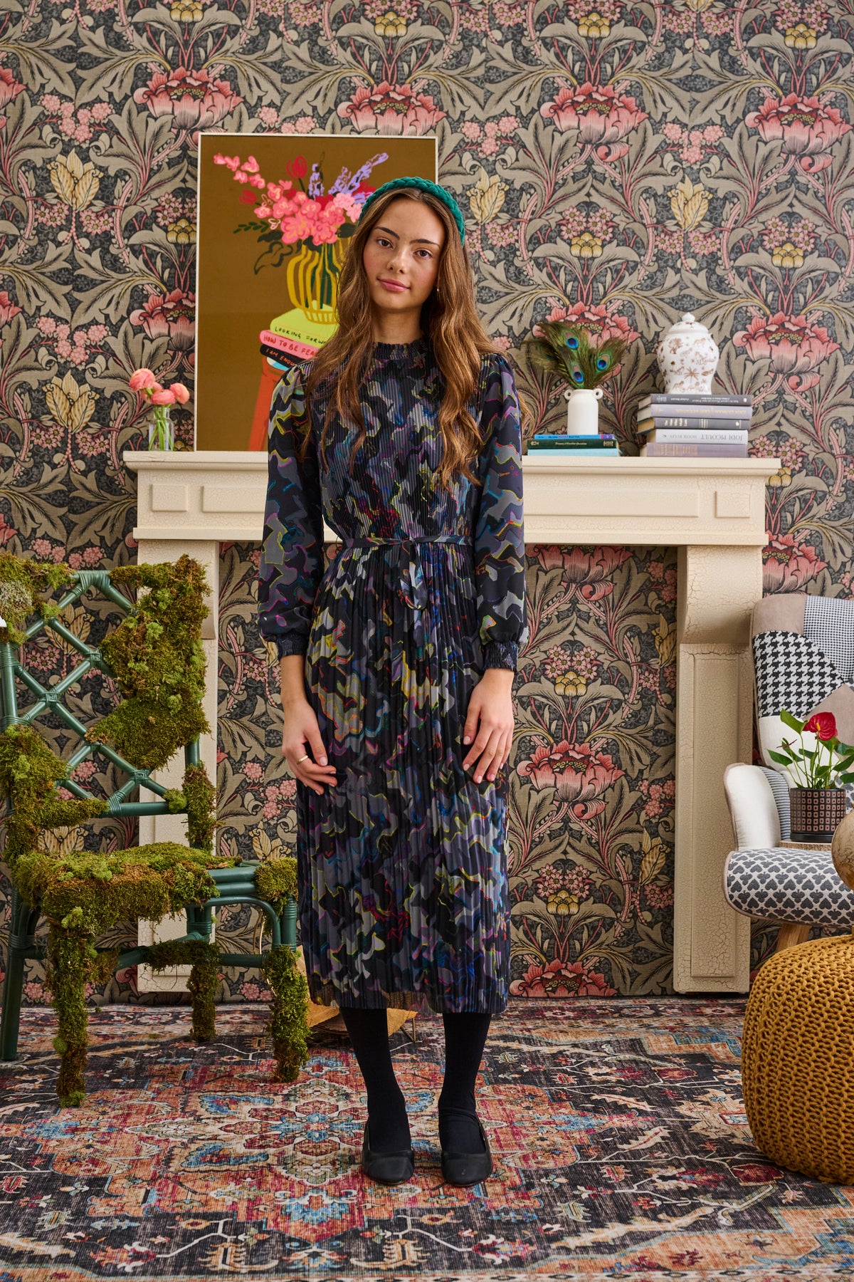 LAURENT NEON CHIFFON SMALL PLEATS PRINT DRESS