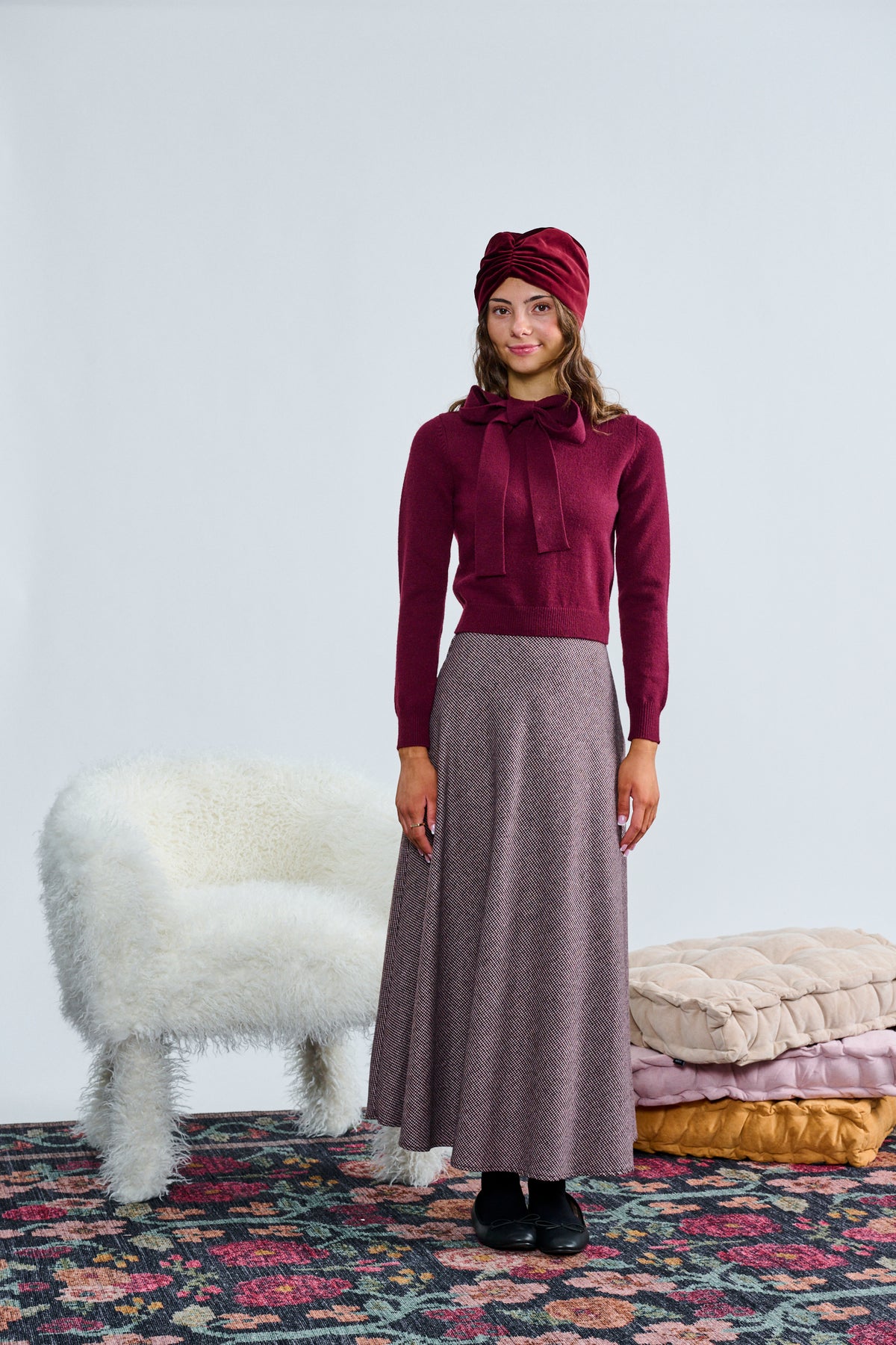 LAURENT 2PC TIE BOW COLLAR TOP WITH HOUNSTOOTH WOOL A