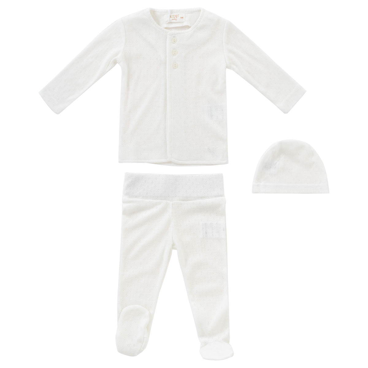 KIPP BABY 4PC, POINTELLE KNIT 2PC SET + HAT + BLANKET