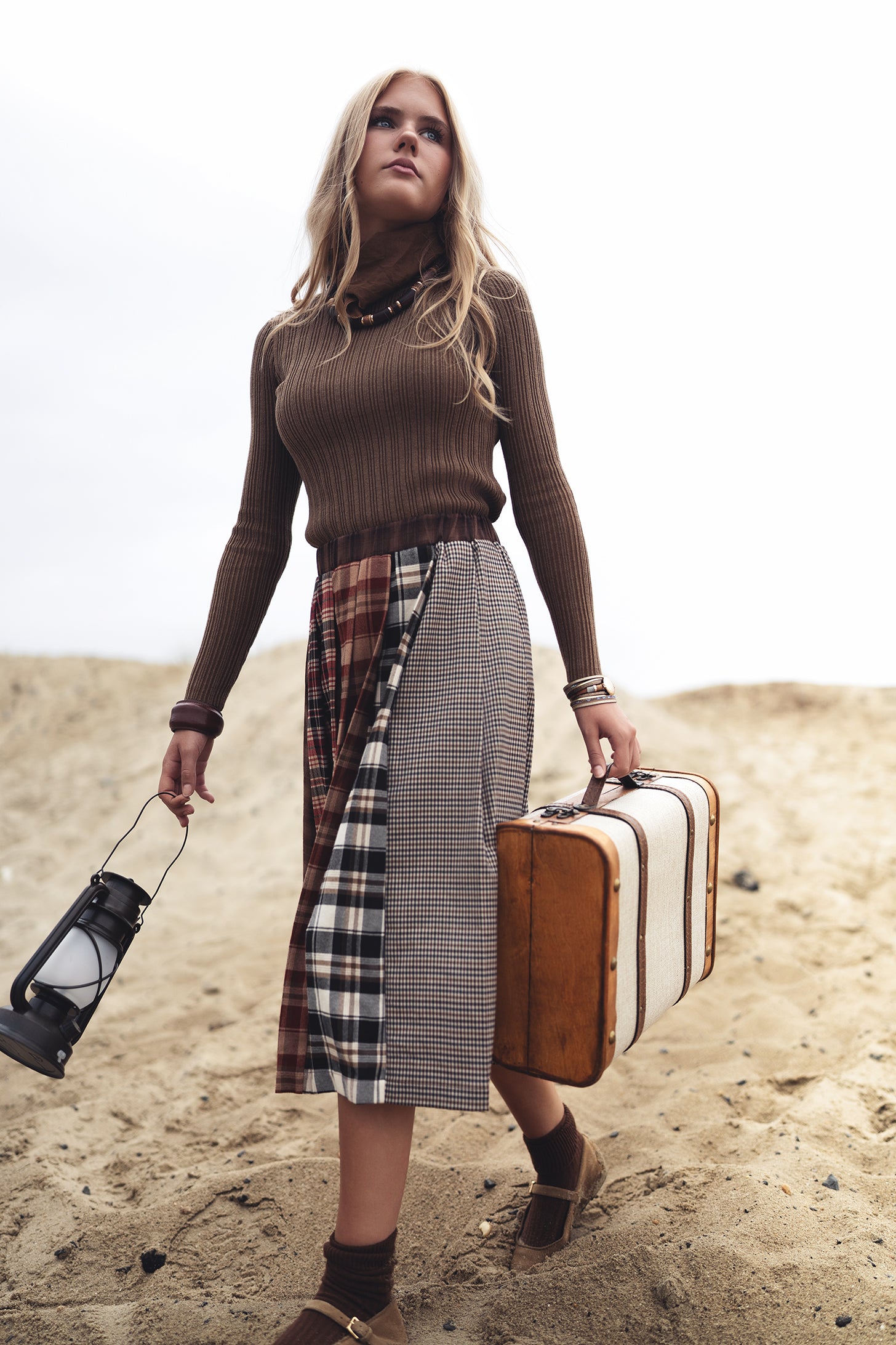 GEM 2PC RIBBED MOCKNECK WITH PLAID PANEL PLEATED SKIRT