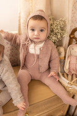 BEE & DEE 4PC POINTELLE SHIRT WITH RIBBED KNIT OVERALL, WOOL CARDIGAN & BONNET ENSEMBLE
