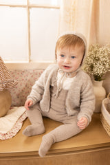 BEE & DEE 4PC POINTELLE SHIRT WITH RIBBED KNIT OVERALL, WOOL CARDIGAN & BONNET ENSEMBLE