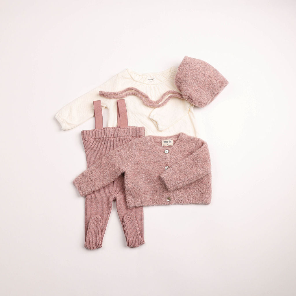 BEE & DEE 4PC POINTELLE SHIRT WITH RIBBED KNIT OVERALL, WOOL CARDIGAN & BONNET ENSEMBLE