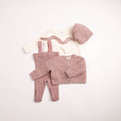 BEE & DEE 4PC POINTELLE SHIRT WITH RIBBED KNIT OVERALL, WOOL CARDIGAN & BONNET ENSEMBLE