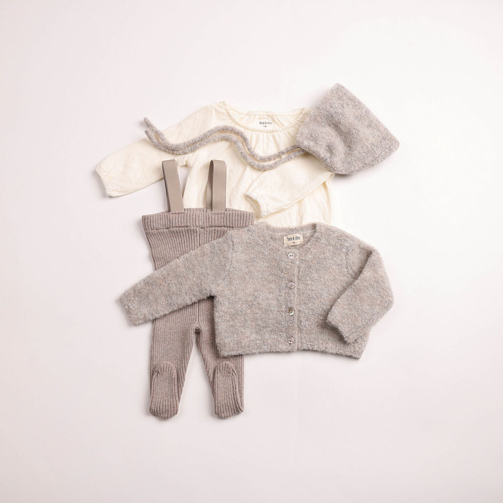 BEE & DEE 4PC POINTELLE SHIRT WITH RIBBED KNIT OVERALL, WOOL CARDIGAN & BONNET ENSEMBLE